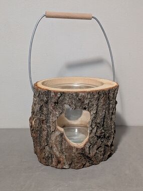 Candle Holder Made From Log W/ Acorn Cutouts Glass Holder In Center plus Handle